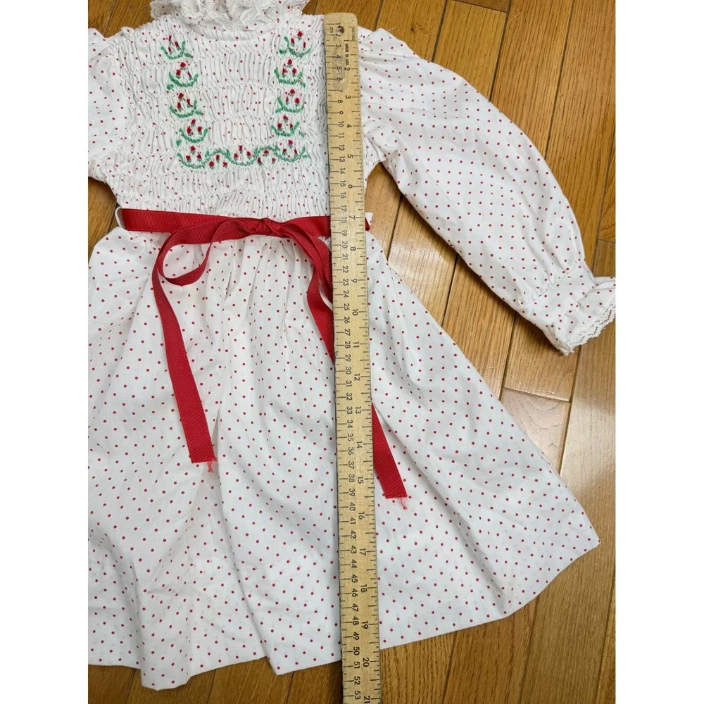 Polly Flinders‎ Vintage Girls Smocked Dress Red Polka Dot Floral Lace Size 4